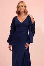 Angelino Navy Blue Sleeve Detailed Slit Long Venezia Evening Dress