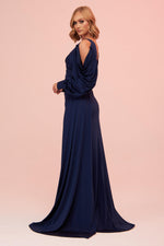 Angelino Navy Blue Sleeve Detailed Slit Long Venezia Evening Dress