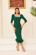 Emerald Crepe Skirt Feathered Midi Promise Dress