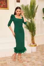 Emerald Crepe Skirt Feathered Midi Promise Dress