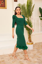 Emerald Crepe Skirt Feathered Midi Promise Dress