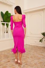 Fuchsia Crepe Skirt Feathered Midi Promise Dress