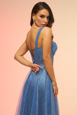 Angelino Indigo Tie Back Glitter Tulle Midi Engagement Dress