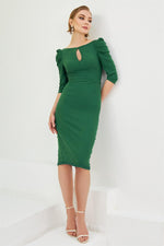 Angelino Emerald Crepe Pearl Embroidered Midi Evening Dress