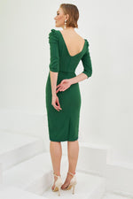 Angelino Emerald Crepe Pearl Embroidered Midi Evening Dress