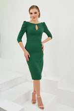 Angelino Emerald Crepe Pearl Embroidered Midi Evening Dress