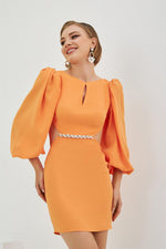 Orange Crepe Stone Balloon Sleeve Short Evening Dress