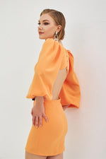 Orange Crepe Stone Balloon Sleeve Short Evening Dress