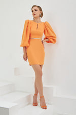 Orange Crepe Stone Balloon Sleeve Short Evening Dress