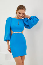 Blue Crepe Stone Balloon Sleeve Short Evening Dress