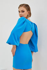 Blue Crepe Stone Balloon Sleeve Short Evening Dress