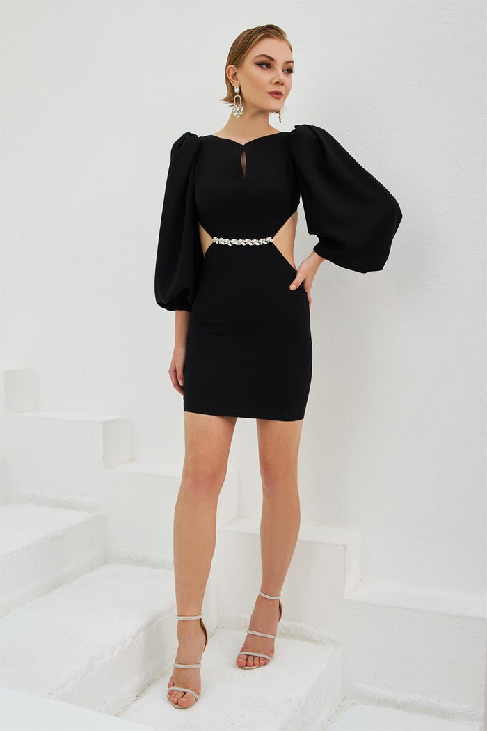 Angelino Black Crepe Stone Balloon Sleeze Short Evening Dress