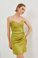 Angelino Peanut Green Satin Back Short Evening Dress with Décolleté