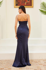 Angelino Navy Blue Satin Tied Long Evening Dress and Invitation Dress