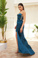 Petrol Satin Tie Long Evening Dress and Invitation Dress