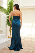 Petrol Satin Tie Long Evening Dress and Invitation Dress