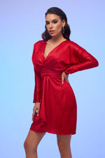 Angelino Red Foil Satin Long Sleeve Short Evening Dress