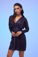 Angelino Purple Foil Satin Long Sleeve Short Evening Dress