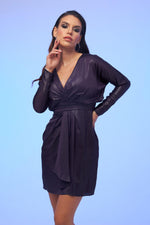 Angelino Purple Foil Satin Long Sleeve Short Evening Dress