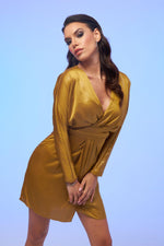 Angelino Saffron Foil Satin Long Sleeve Short Evening Dress
