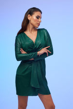 Angelino Emerald Foil Satin Long Sleeve Short Evening Dress