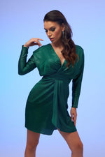 Angelino Emerald Foil Satin Long Sleeve Short Evening Dress