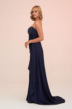 Angelino Navy Blue Satin Front Embroidered Balloon Sleeve Long Evening Dress