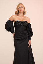 Angelino Black Satin Front Embroidered Balloon Sleeve Long Evening Dress