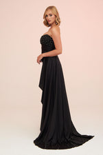 Angelino Black Satin Front Embroidered Balloon Sleeve Long Evening Dress