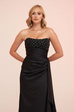 Angelino Black Satin Front Embroidered Balloon Sleeve Long Evening Dress