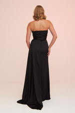 Angelino Black Satin Front Embroidered Balloon Sleeve Long Evening Dress