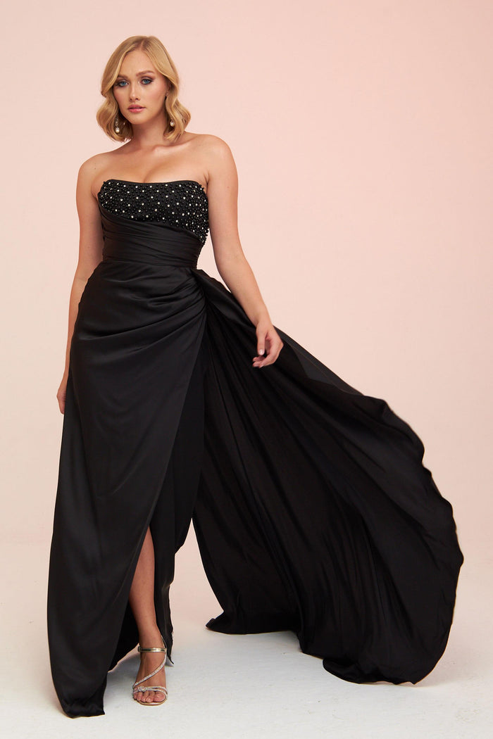 Angelino Black Satin Front Embroidered Balloon Sleeve Long Evening Dress