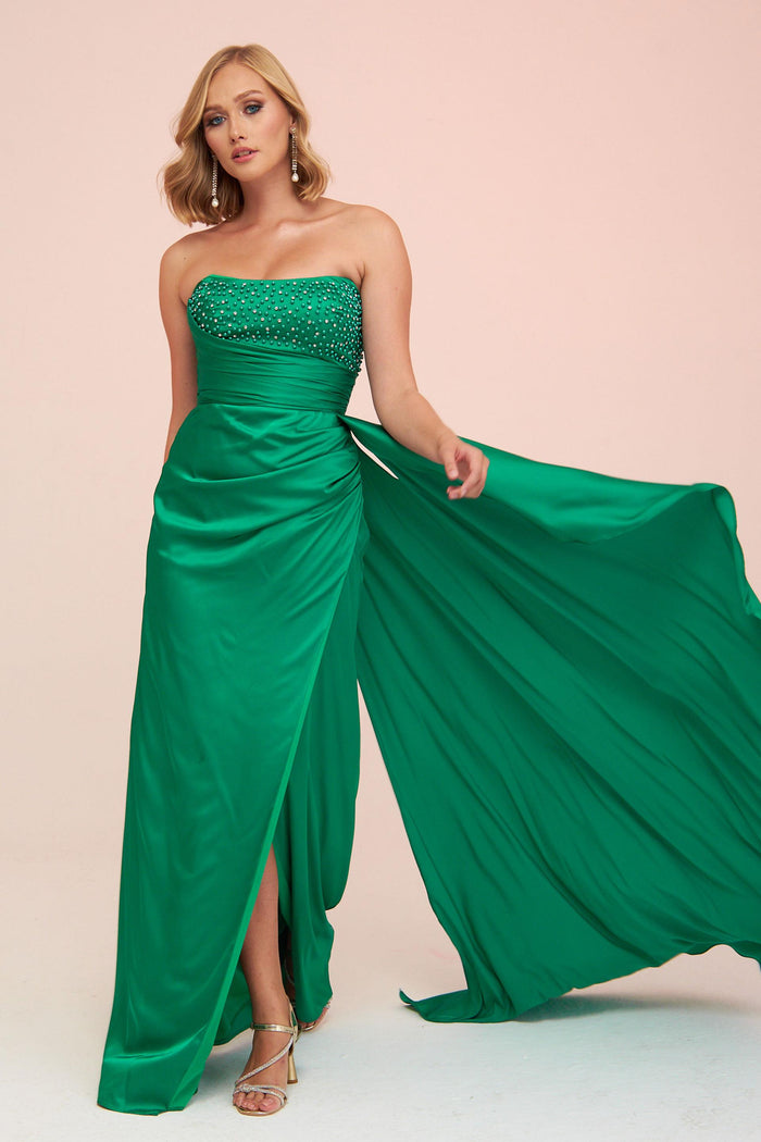 Angelino Green Satin Front Embroidered Balloon Sleeve Long Evening Dress