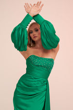 Angelino Green Satin Front Embroidered Balloon Sleeve Long Evening Dress