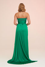 Angelino Green Satin Front Embroidered Balloon Sleeve Long Evening Dress