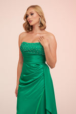 Angelino Green Satin Front Embroidered Balloon Sleeve Long Evening Dress