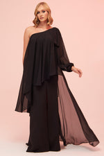 Angelino Black Single Sleeve Slit Plus Size Chiffon Evening Dress