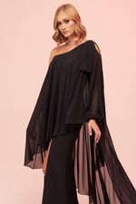 Angelino Black Single Sleeve Slit Plus Size Chiffon Evening Dress