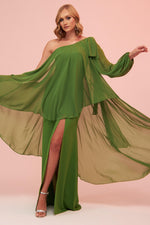 Angelino Green Single Sleeve Slit Plus Size Chiffon Evening Dress