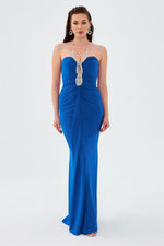 Saks Sandy Neck Stone Long Evening Dress