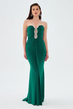 Emerald Sandy Neck Stone Long Evening Dress