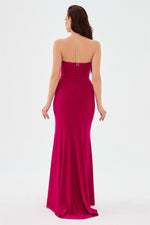 Fuchsia Sandy Neck Stone Long Evening Dress