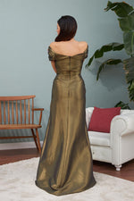 Angelino Gold Tafta Shoulder Long Evening Dress with Stone