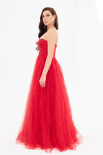 Red Glittery Tulle Embroidered Strapless Engagement Dress