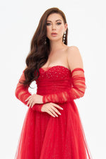 Red Glittery Tulle Embroidered Strapless Engagement Dress