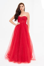 Red Glittery Tulle Embroidered Strapless Engagement Dress