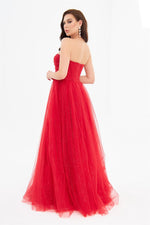 Red Glittery Tulle Embroidered Strapless Engagement Dress