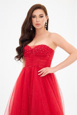 Red Glittery Tulle Embroidered Strapless Engagement Dress