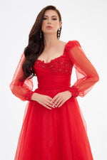 Red Glittery Tulle Front Embroidered Long Sleeve Engagement