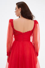 Red Glittery Tulle Front Embroidered Long Sleeve Engagement